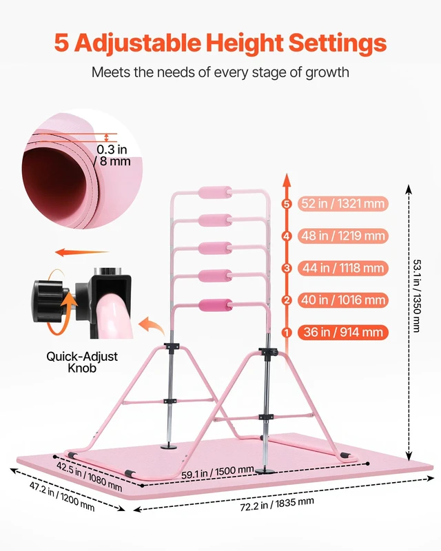 Alt view image 2 of 8 - VEVOR Gymnastic Bars for Kids, 140 lbs Capacity Folding Training Kip Bar with Mat, Adjustable Height Gymnastic Horizontal Bar for Home, Training Equipment for Indoor Outdoor, Easy to Assemble, Pink