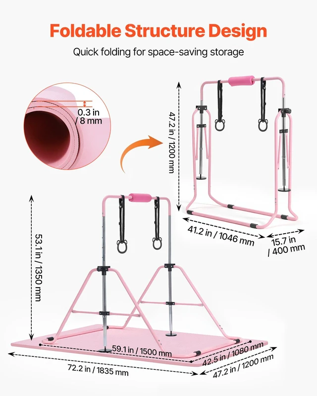 Alt view image 6 of 8 - VEVOR Gymnastic Bars for Kids, 140 lbs Capacity Folding Training Kip Bar with Mat, Adjustable Height Gymnastic Horizontal Bar for Home, Training Equipment for Indoor Outdoor, Easy to Assemble, Pink