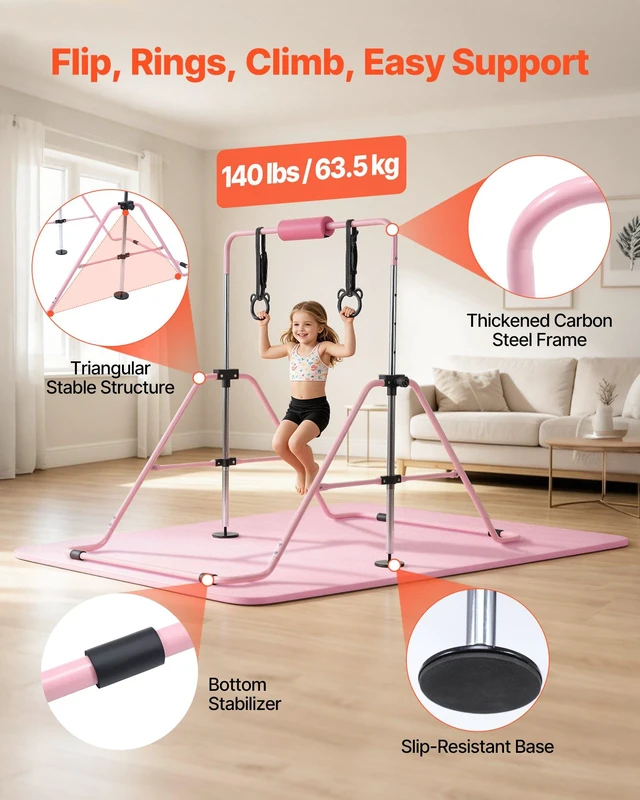 Alt view image 3 of 8 - VEVOR Gymnastic Bars for Kids, 140 lbs Capacity Folding Training Kip Bar with Mat, Adjustable Height Gymnastic Horizontal Bar for Home, Training Equipment for Indoor Outdoor, Easy to Assemble, Pink