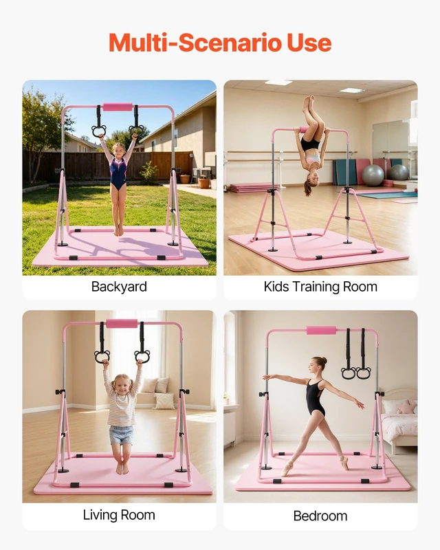Alt view image 7 of 8 - VEVOR Gymnastic Bars for Kids, 140 lbs Capacity Folding Training Kip Bar with Mat, Adjustable Height Gymnastic Horizontal Bar for Home, Training Equipment for Indoor Outdoor, Easy to Assemble, Pink