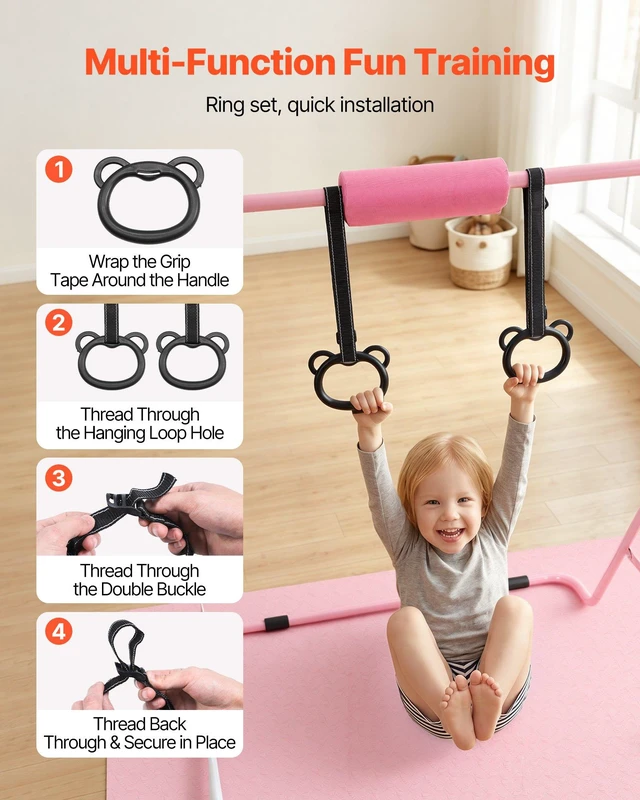 Alt view image 4 of 8 - VEVOR Gymnastic Bars for Kids, 140 lbs Capacity Folding Training Kip Bar with Mat, Adjustable Height Gymnastic Horizontal Bar for Home, Training Equipment for Indoor Outdoor, Easy to Assemble, Pink