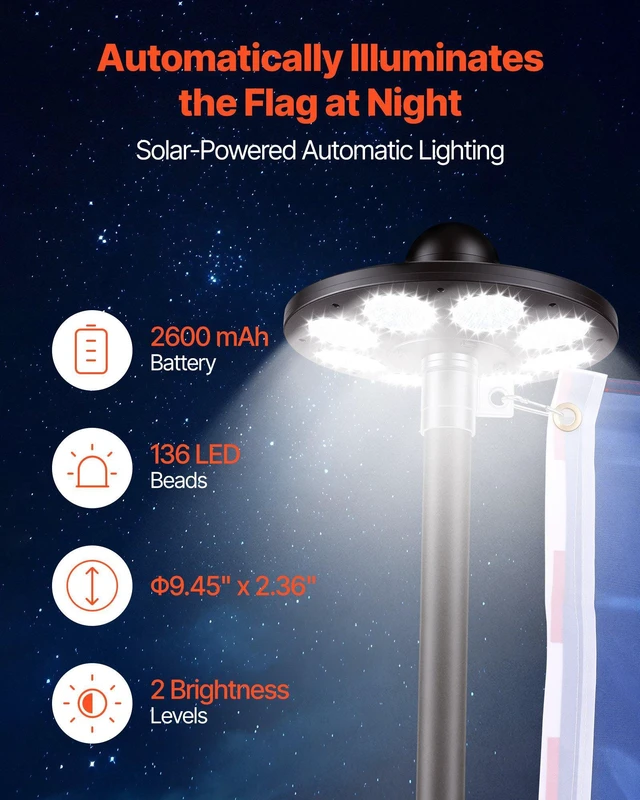 Alt view image 3 of 8 - VEVOR Flag Pole, 20ft Heavy Duty Telescopic Flagpole Kit with 136 LED Solar Light for Outside House In Ground, Outdoor Aluminum Flagpole with 3x5 American Flag for Yard, Residential, Commercial, Black