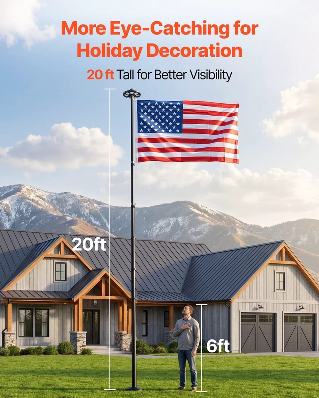 Alt view image 4 of 8 - VEVOR Flag Pole, 20ft Heavy Duty Telescopic Flagpole Kit with 136 LED Solar Light for Outside House In Ground, Outdoor Aluminum Flagpole with 3x5 American Flag for Yard, Residential, Commercial, Black