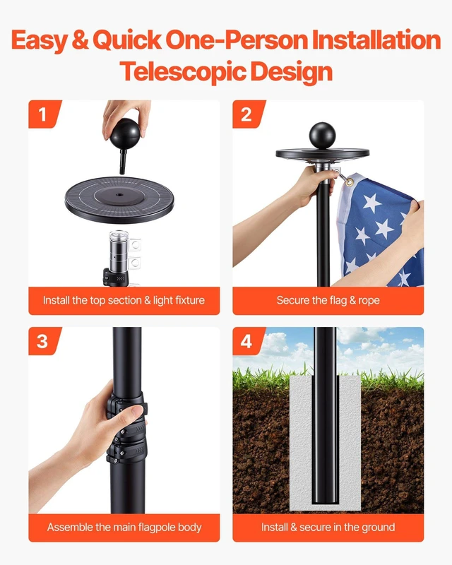 Alt view image 5 of 8 - VEVOR Flag Pole, 20ft Heavy Duty Telescopic Flagpole Kit with 136 LED Solar Light for Outside House In Ground, Outdoor Aluminum Flagpole with 3x5 American Flag for Yard, Residential, Commercial, Black