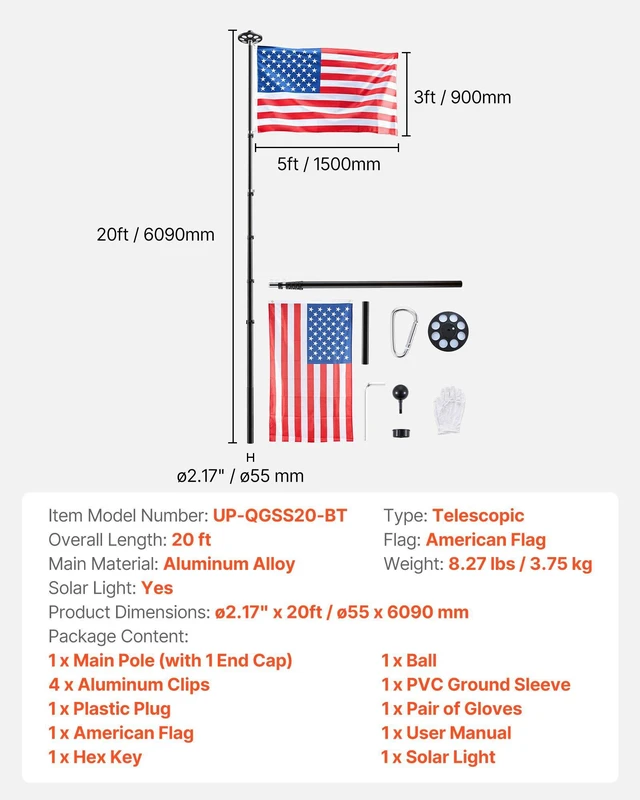 Alt view image 7 of 8 - VEVOR Flag Pole, 20ft Heavy Duty Telescopic Flagpole Kit with 136 LED Solar Light for Outside House In Ground, Outdoor Aluminum Flagpole with 3x5 American Flag for Yard, Residential, Commercial, Black