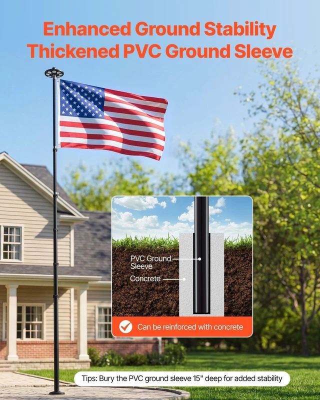 Alt view image 6 of 8 - VEVOR Flag Pole, 20ft Heavy Duty Telescopic Flagpole Kit with 136 LED Solar Light for Outside House In Ground, Outdoor Aluminum Flagpole with 3x5 American Flag for Yard, Residential, Commercial, Black