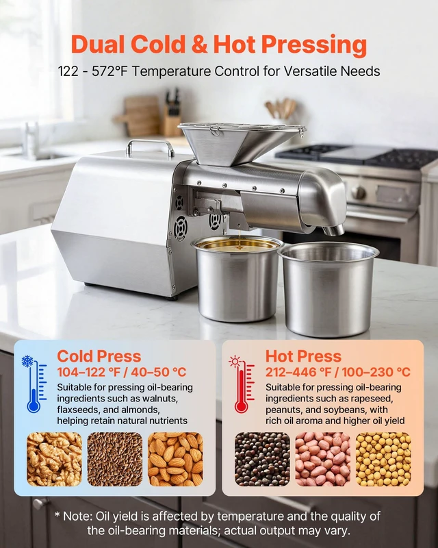 Alt view image 2 of 8 - VEVOR Oil Press Machine, 11 LBS/H Capacity, 1250W Oil Extractor Machine, Automatic Electric Oil Maker for Home Commercial Use, 122572 Hot & Cold Pressing for Peanuts Sesames Soybeans Almonds