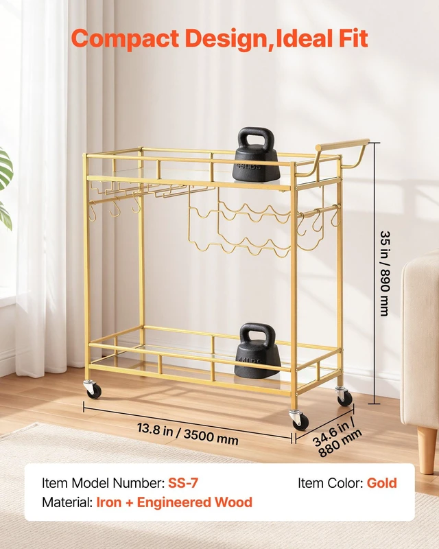 Alt view image 2 of 8 - VEVOR Bar Cart, 2 Tiers Home Kitchen Serving Carts, Modern Rolling Utility Station on Wheels, Drink Beverage Trolley with Mirrored Glass Shelves, Wine Rack, Glass Holder, for Living Dining Room, Gold