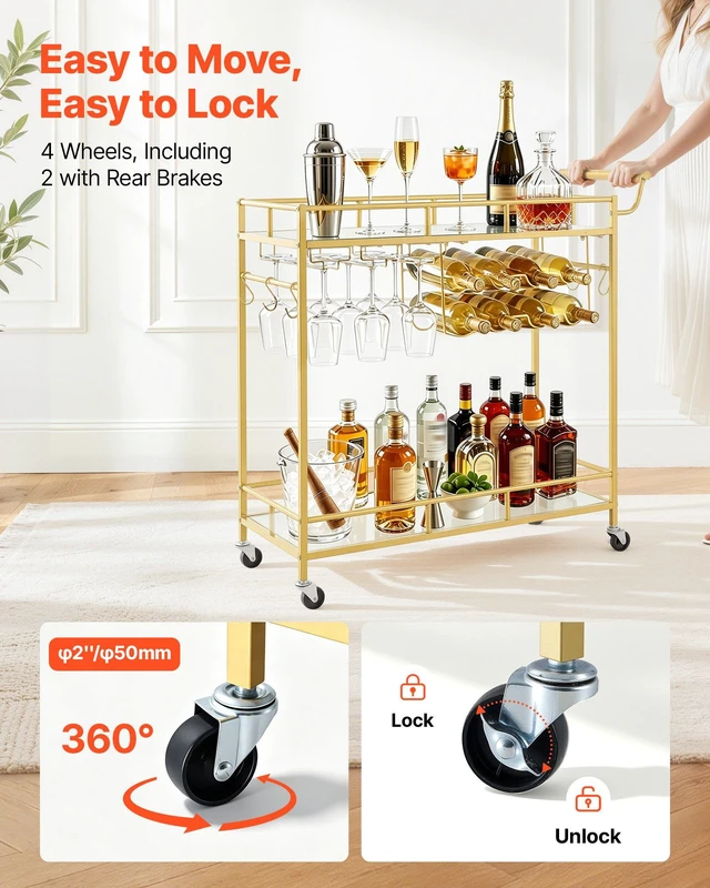 Alt view image 3 of 8 - VEVOR Bar Cart, 2 Tiers Home Kitchen Serving Carts, Modern Rolling Utility Station on Wheels, Drink Beverage Trolley with Mirrored Glass Shelves, Wine Rack, Glass Holder, for Living Dining Room, Gold