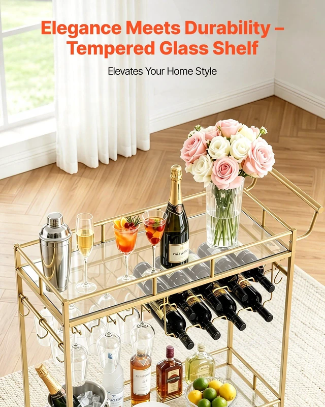 Alt view image 5 of 8 - VEVOR Bar Cart, 2 Tiers Home Kitchen Serving Carts, Modern Rolling Utility Station on Wheels, Drink Beverage Trolley with Mirrored Glass Shelves, Wine Rack, Glass Holder, for Living Dining Room, Gold