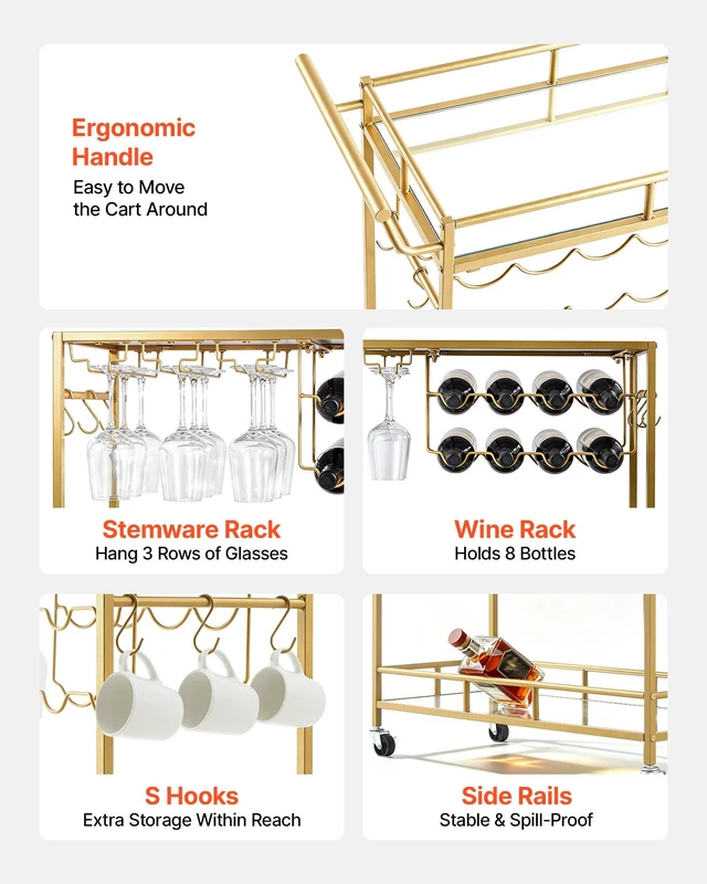 Alt view image 4 of 8 - VEVOR Bar Cart, 2 Tiers Home Kitchen Serving Carts, Modern Rolling Utility Station on Wheels, Drink Beverage Trolley with Mirrored Glass Shelves, Wine Rack, Glass Holder, for Living Dining Room, Gold