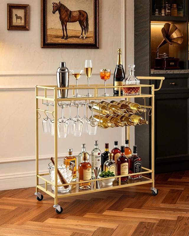 Alt view image 7 of 8 - VEVOR Bar Cart, 2 Tiers Home Kitchen Serving Carts, Modern Rolling Utility Station on Wheels, Drink Beverage Trolley with Mirrored Glass Shelves, Wine Rack, Glass Holder, for Living Dining Room, Gold