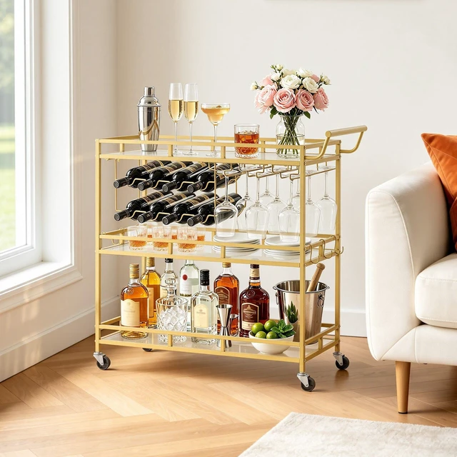 Main image of VEVOR Bar Cart, 3 Tiers Home Kitchen Serving Carts, Modern Rolling Utility Station on Wheels, Drink Beverage Trolley with Tempered Glass Shelves, Wine Rack, Glass Holder, for Living Dining Room, Gold