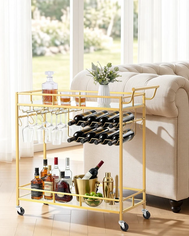 Alt view image 6 of 8 - VEVOR Bar Cart, 2 Tiers Home Kitchen Serving Carts, Modern Rolling Utility Station on Wheels, Drink Beverage Trolley with Mirrored Glass Shelves, Wine Rack, Glass Holder, for Living Dining Room, Gold