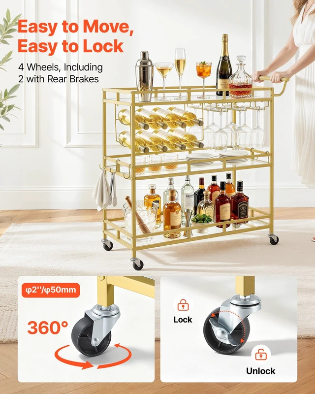 Alt view image 3 of 8 - VEVOR Bar Cart, 3 Tiers Home Kitchen Serving Carts, Modern Rolling Utility Station on Wheels, Drink Beverage Trolley with Tempered Glass Shelves, Wine Rack, Glass Holder, for Living Dining Room, Gold