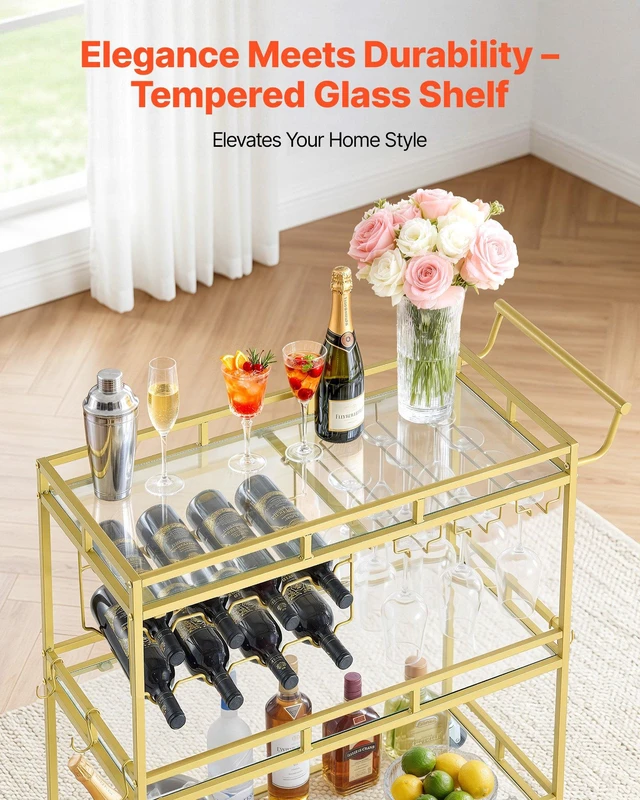 Alt view image 5 of 8 - VEVOR Bar Cart, 3 Tiers Home Kitchen Serving Carts, Modern Rolling Utility Station on Wheels, Drink Beverage Trolley with Tempered Glass Shelves, Wine Rack, Glass Holder, for Living Dining Room, Gold