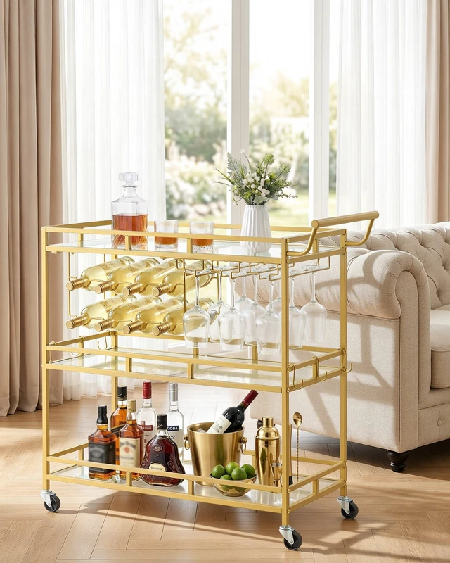 Alt view image 6 of 8 - VEVOR Bar Cart, 3 Tiers Home Kitchen Serving Carts, Modern Rolling Utility Station on Wheels, Drink Beverage Trolley with Tempered Glass Shelves, Wine Rack, Glass Holder, for Living Dining Room, Gold