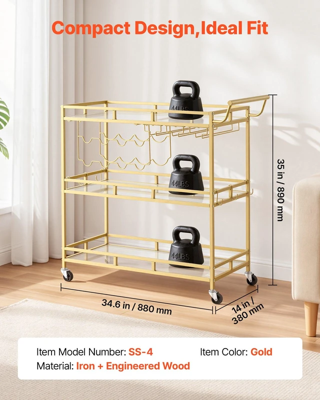 Alt view image 2 of 8 - VEVOR Bar Cart, 3 Tiers Home Kitchen Serving Carts, Modern Rolling Utility Station on Wheels, Drink Beverage Trolley with Tempered Glass Shelves, Wine Rack, Glass Holder, for Living Dining Room, Gold
