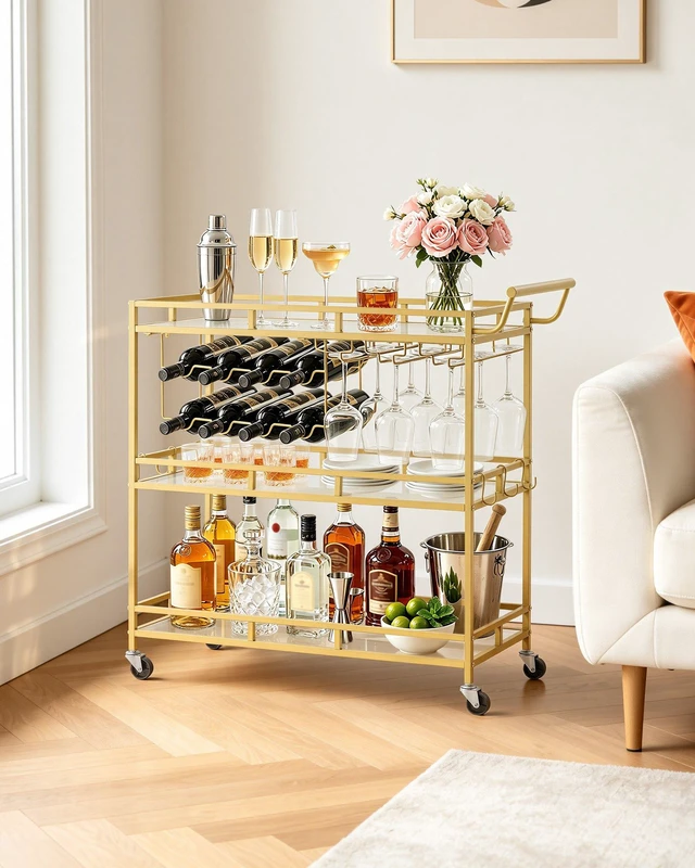 Alt view image 7 of 8 - VEVOR Bar Cart, 3 Tiers Home Kitchen Serving Carts, Modern Rolling Utility Station on Wheels, Drink Beverage Trolley with Tempered Glass Shelves, Wine Rack, Glass Holder, for Living Dining Room, Gold