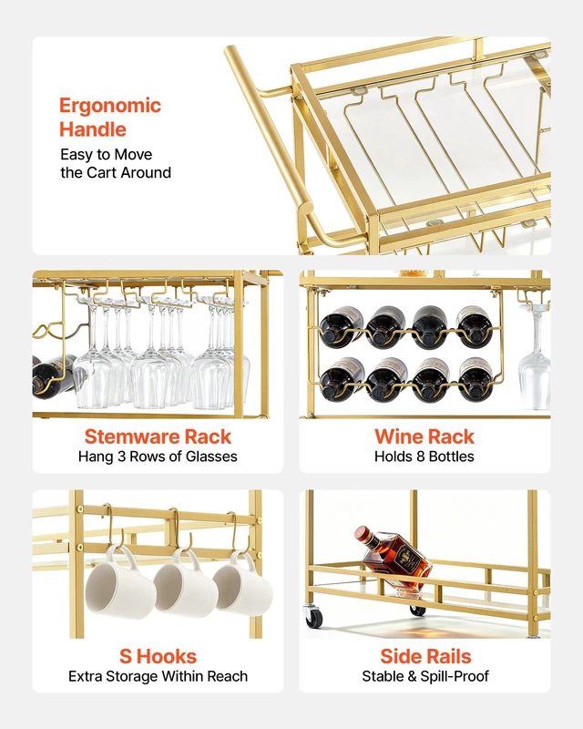 Alt view image 4 of 8 - VEVOR Bar Cart, 3 Tiers Home Kitchen Serving Carts, Modern Rolling Utility Station on Wheels, Drink Beverage Trolley with Tempered Glass Shelves, Wine Rack, Glass Holder, for Living Dining Room, Gold