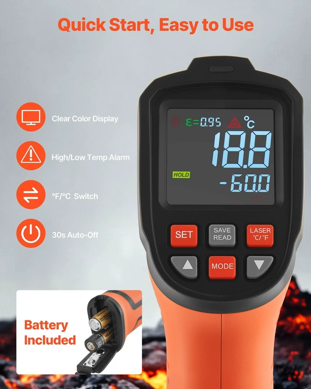 Alt view image 6 of 8 - VEVOR Infrared Thermometer, -22 to 2192 Dual-Mode IR Thermometer Gun with K-Type Thermocouple, Dual Laser Heat Temperature Gun Non-Contact for Cooking/Griddle/Engine/Industrial Use (Not for Human)