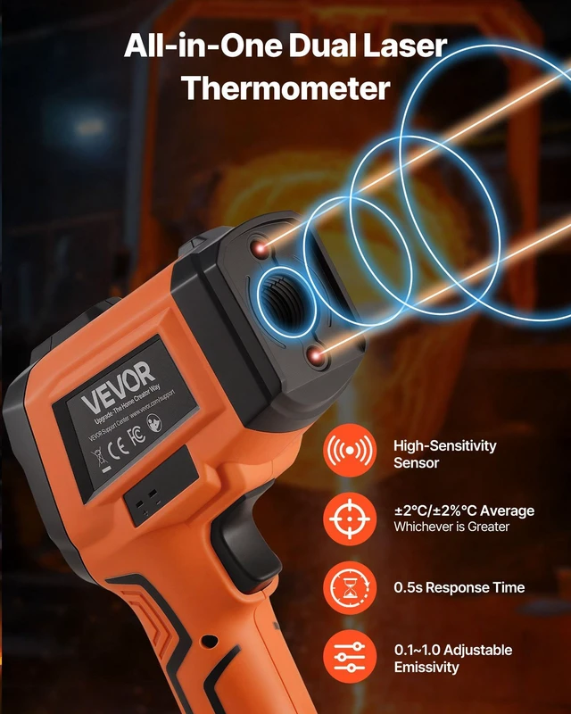 Alt view image 2 of 8 - VEVOR Infrared Thermometer, -22 to 2912 Dual-Mode IR Thermometer Gun with K-Type Thermocouple, Dual Laser Heat Temperature Gun Non-Contact for Metal Smelting/Engine/Industry/Cooking (Not for Human)