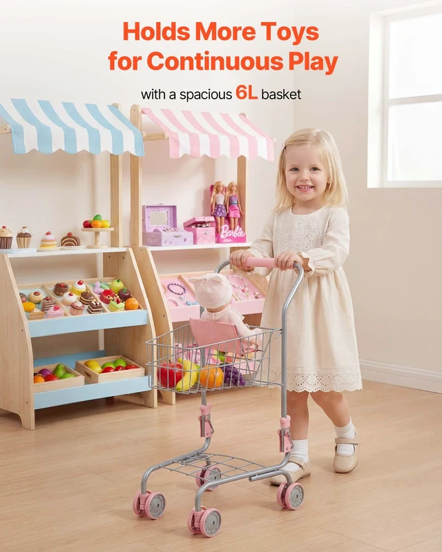 Alt view image 3 of 8 - VEVOR Shopping Cart for Kids, Sturdy Metal Frame, Grocery Store Pretend Play Toy Cart with Baby Doll, Rolling Wheels, Basket, Toy Shopping Trolley, Folds for Easy Storage, for Kids & Toddlers Ages 3+