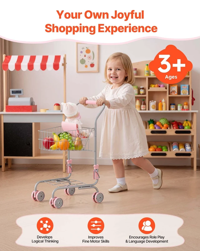 Alt view image 2 of 8 - VEVOR Shopping Cart for Kids, Sturdy Metal Frame, Grocery Store Pretend Play Toy Cart with Baby Doll, Rolling Wheels, Basket, Toy Shopping Trolley, Folds for Easy Storage, for Kids & Toddlers Ages 3+
