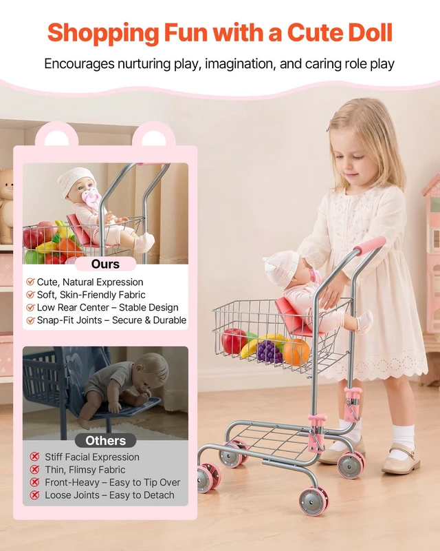 Alt view image 4 of 8 - VEVOR Shopping Cart for Kids, Sturdy Metal Frame, Grocery Store Pretend Play Toy Cart with Baby Doll, Rolling Wheels, Basket, Toy Shopping Trolley, Folds for Easy Storage, for Kids & Toddlers Ages 3+
