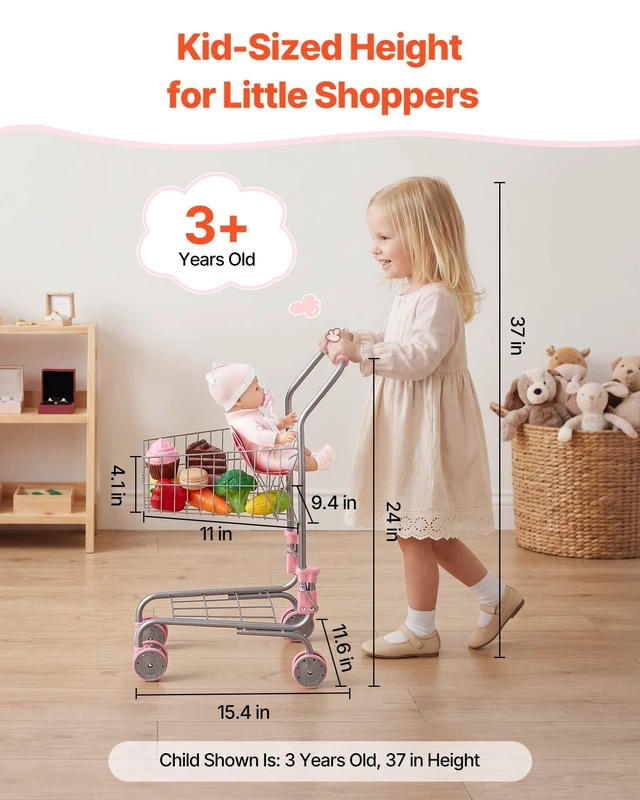 Alt view image 5 of 8 - VEVOR Shopping Cart for Kids, Sturdy Metal Frame, Grocery Store Pretend Play Toy Cart with Baby Doll, Rolling Wheels, Basket, Toy Shopping Trolley, Folds for Easy Storage, for Kids & Toddlers Ages 3+