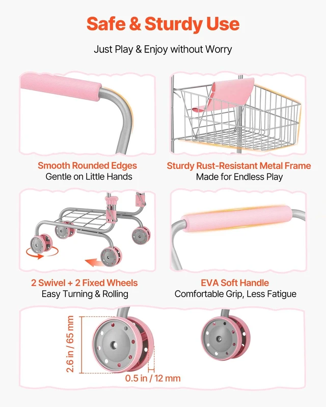 Alt view image 6 of 8 - VEVOR Shopping Cart for Kids, Sturdy Metal Frame, Grocery Store Pretend Play Toy Cart with Baby Doll, Rolling Wheels, Basket, Toy Shopping Trolley, Folds for Easy Storage, for Kids & Toddlers Ages 3+