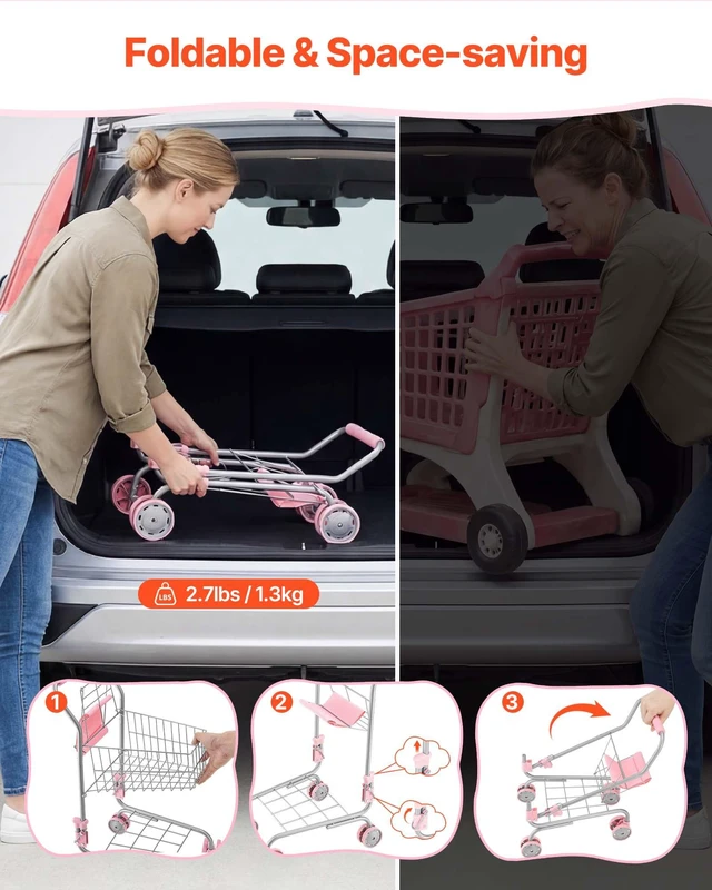 Alt view image 7 of 8 - VEVOR Shopping Cart for Kids, Sturdy Metal Frame, Grocery Store Pretend Play Toy Cart with Baby Doll, Rolling Wheels, Basket, Toy Shopping Trolley, Folds for Easy Storage, for Kids & Toddlers Ages 3+