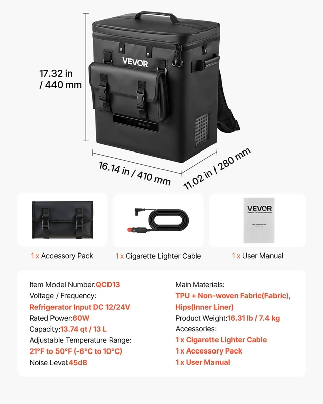 Alt view image 7 of 8 - VEVOR 12 Volt Refrigerator, 13.7 QT/ 13L Car Fridge, Portable Electric Freezer Compressor, 12V/24V DC, 21 to 50/ -6 to 10, for Truck Van RV SUV Boat Travel Camping Road Trips
