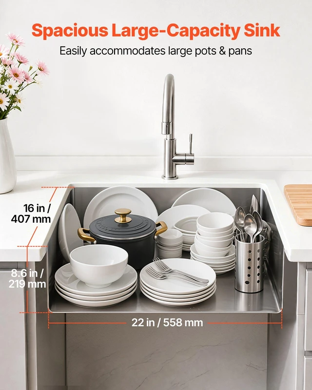 Alt view image 2 of 8 - VEVOR 24-inch Kitchen Undermount Single Bowl Sinks, Stainless Steel Drop-In Farmhouse Basin with Accessories, Household Dishwasher Sinks for RV, Prep Kitchen, Laundry Room, Bar