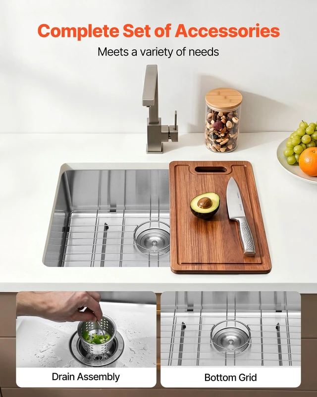 Alt view image 4 of 8 - VEVOR 24-inch Kitchen Undermount Single Bowl Sinks, Stainless Steel Drop-In Farmhouse Basin with Accessories, Household Dishwasher Sinks for RV, Prep Kitchen, Laundry Room, Bar