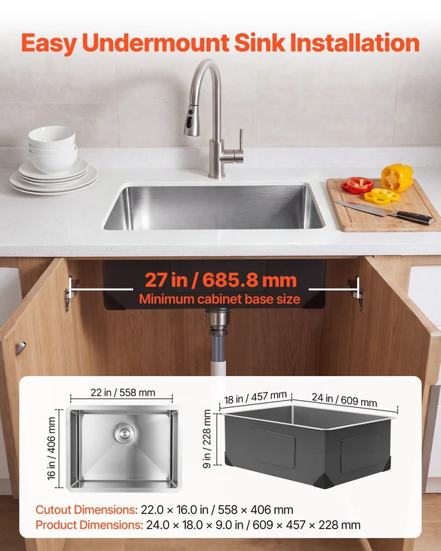 Alt view image 7 of 8 - VEVOR 24-inch Kitchen Undermount Single Bowl Sinks, Stainless Steel Drop-In Farmhouse Basin with Accessories, Household Dishwasher Sinks for RV, Prep Kitchen, Laundry Room, Bar
