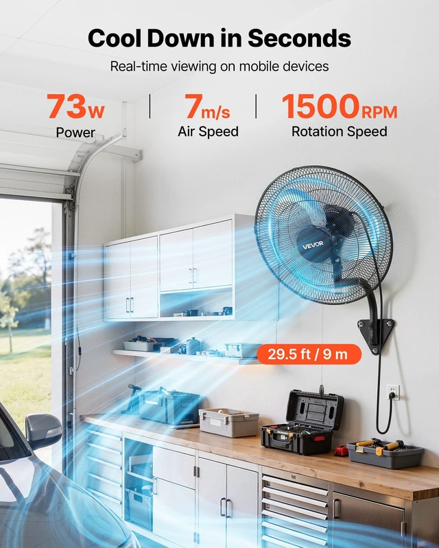 Alt view image 2 of 8 - VEVOR Wall Mount Fan, 18 in Wall Mounted Hanging Fan Oscillating, 3-Speed, Long Airflow Distance, Adjustable Rotation Angle, Mechanical Powerful for Industry, Commercial, Garage, Workshop, Gym, Black