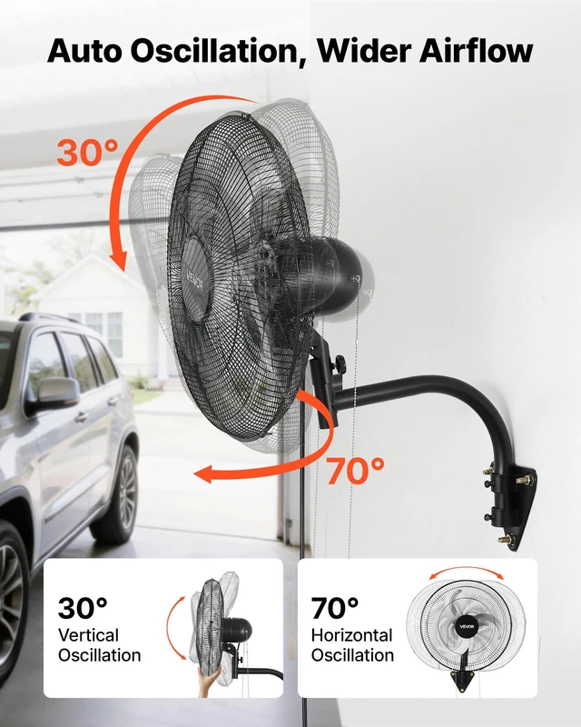 Alt view image 3 of 8 - VEVOR Wall Mount Fan, 18 in Wall Mounted Hanging Fan Oscillating, 3-Speed, Long Airflow Distance, Adjustable Rotation Angle, Mechanical Powerful for Industry, Commercial, Garage, Workshop, Gym, Black