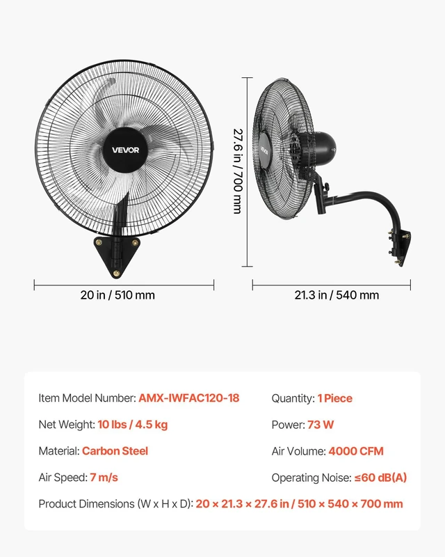 Alt view image 7 of 8 - VEVOR Wall Mount Fan, 18 in Wall Mounted Hanging Fan Oscillating, 3-Speed, Long Airflow Distance, Adjustable Rotation Angle, Mechanical Powerful for Industry, Commercial, Garage, Workshop, Gym, Black