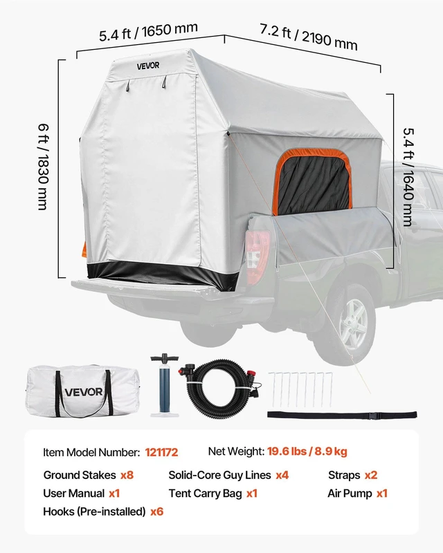 Alt view image 7 of 8 - VEVOR Inflatable Pickup Truck Tent, 7.2 x 5.4 FT 3-Season Truck Bed Tent with Ventilated Mesh Windows, PU2000mm Waterproof Pickup Camping Tents for Outdoor Hiking Activities - Air Pump Included