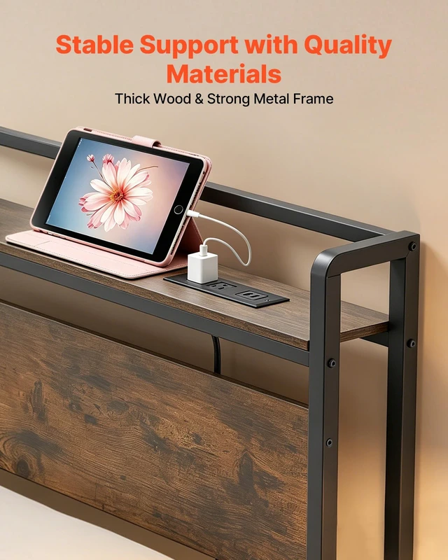 Alt view image 4 of 8 - VEVOR Headboard for King Size Bed, with Storage Shelf, 2 Outlets, 1 USB and 1 Type-C Port, Sturdy and Stable Carbon Steel Frame Head Board with Charging Station, Adjustable Height, Black and Brown
