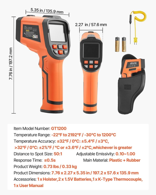 Alt view image 7 of 8 - VEVOR Infrared Thermometer, -22 to 2192 Dual-Mode IR Thermometer Gun with K-Type Thermocouple, Dual Laser Heat Temperature Gun Non-Contact for Cooking/Griddle/Engine/Industrial Use (Not for Human)