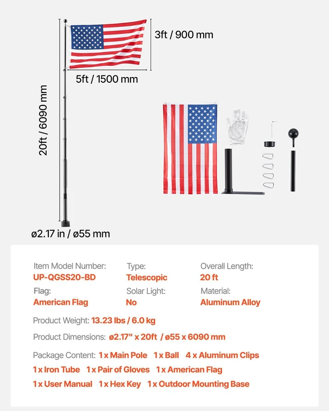 Alt view image 7 of 8 - VEVOR Flag Pole, 20ft Heavy Duty Telescopic Flagpole Kit with Mounting Base for Vehicles, Extra Thick Outdoor Aluminum Flagpole Kit with 3x5 American Flag for Sedans, Pickups, RVs, Food Trucks, Black
