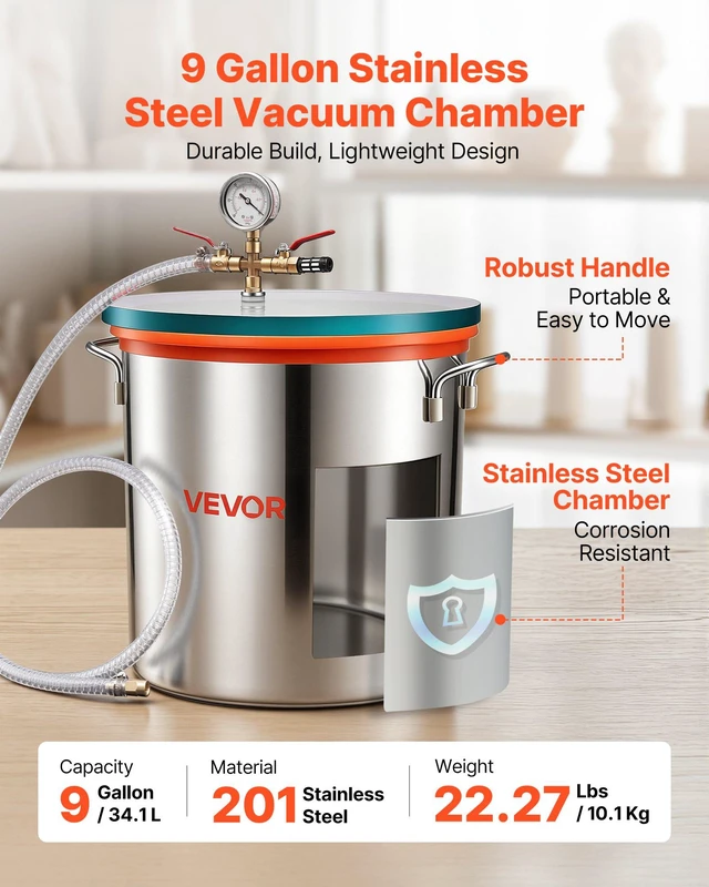 Alt view image 2 of 8 - VEVOR 9 Gallon Vacuum Chamber, Stainless Steel, Vacuum Degassing Chamber with Tempered Glass Lid, Hose, Air Filter, for Resin Casting, Stabilizing Wood, Degassing Silicone, Epoxies, Essential Oils