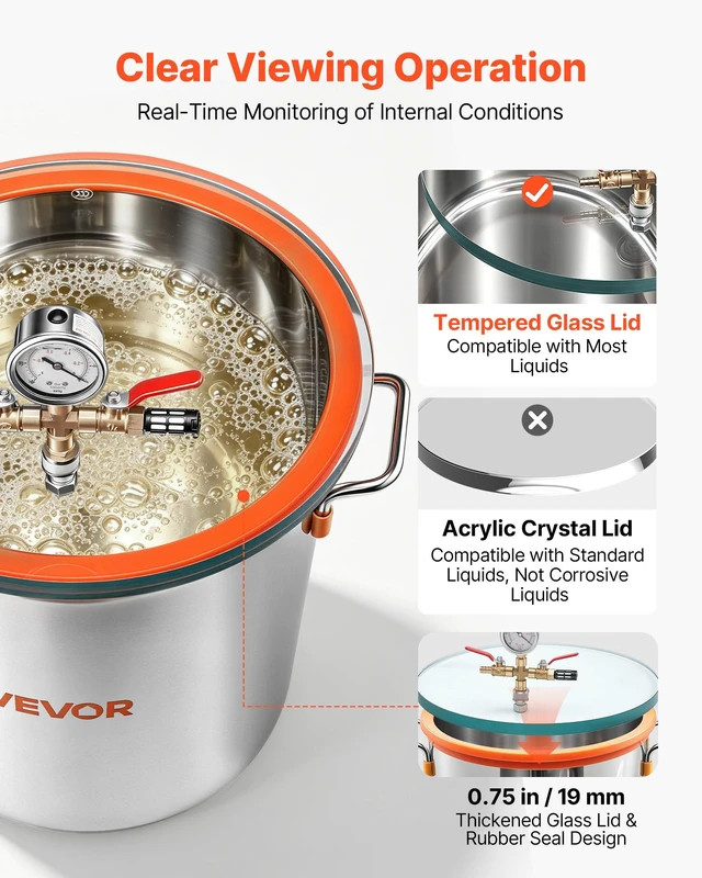 Alt view image 4 of 8 - VEVOR 9 Gallon Vacuum Chamber, Stainless Steel, Vacuum Degassing Chamber with Tempered Glass Lid, Hose, Air Filter, for Resin Casting, Stabilizing Wood, Degassing Silicone, Epoxies, Essential Oils
