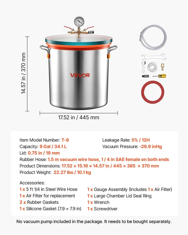 Alt view image 7 of 8 - VEVOR 9 Gallon Vacuum Chamber, Stainless Steel, Vacuum Degassing Chamber with Tempered Glass Lid, Hose, Air Filter, for Resin Casting, Stabilizing Wood, Degassing Silicone, Epoxies, Essential Oils
