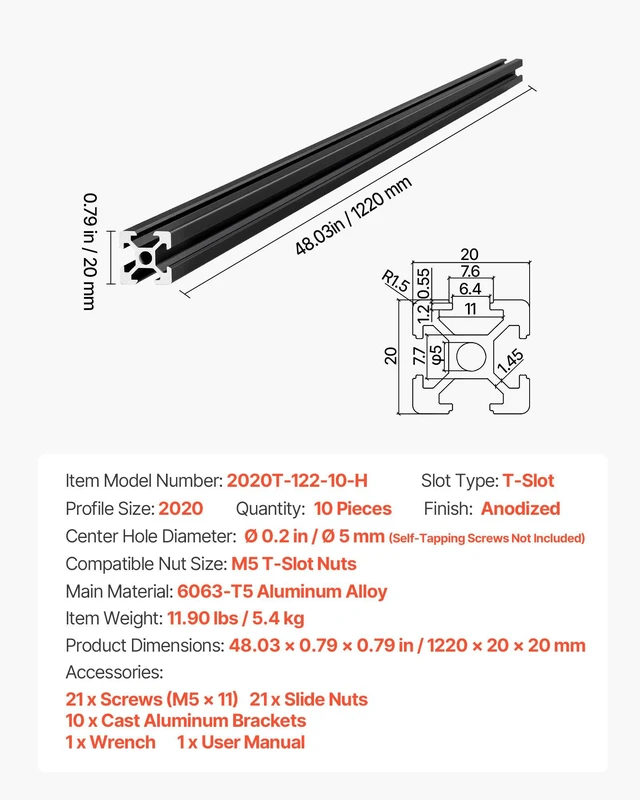 Alt view image 7 of 8 - VEVOR 10PCS 2020 Aluminum Extrusion Profile, 48 Inch 1220 mm, T Slot European Standard Anodized Linear Rail, High-Strength Extruded Aluminum Rail, for 3D Printer Parts and CNC DIY Workbench, Black