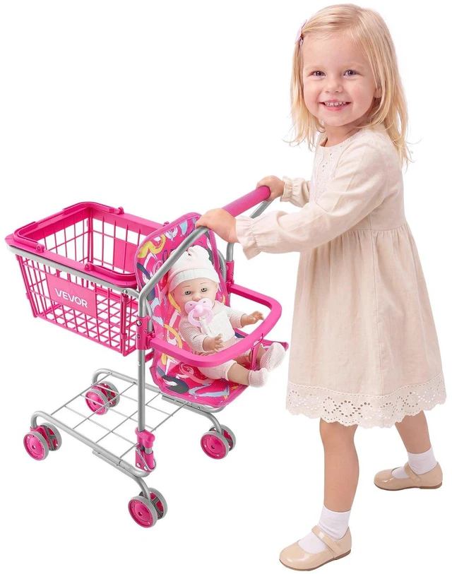 Main image of VEVOR Shopping Cart for Kids, Sturdy Metal Frame, Toy Shopping Cart with Baby Doll, 4 Rolling Wheels, Doll Seat Carrier, Grocery Pretend Play Toy Trolley, Folds for Easy Storage, for Toddlers Ages 3+