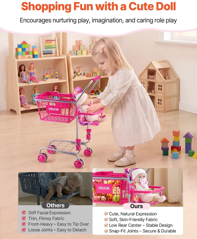 Alt view image 4 of 8 - VEVOR Shopping Cart for Kids, Sturdy Metal Frame, Toy Shopping Cart with Baby Doll, 4 Rolling Wheels, Doll Seat Carrier, Grocery Pretend Play Toy Trolley, Folds for Easy Storage, for Toddlers Ages 3+