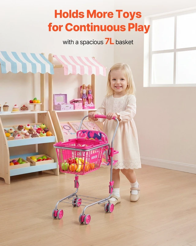 Alt view image 3 of 8 - VEVOR Shopping Cart for Kids, Sturdy Metal Frame, Toy Shopping Cart with Baby Doll, 4 Rolling Wheels, Doll Seat Carrier, Grocery Pretend Play Toy Trolley, Folds for Easy Storage, for Toddlers Ages 3+